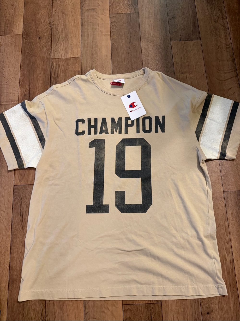 Champion Men’s Beige Graphic 'Champion 19' Tee with Black Accents